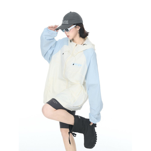 2025夏款upf50+潮流撞色連帽防曬衣男女同款透氣戶外寬鬆印花外套