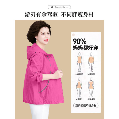 媽媽春裝薄款外套加大碼2025新款中老年女夏季連帽時尚洋氣防曬服