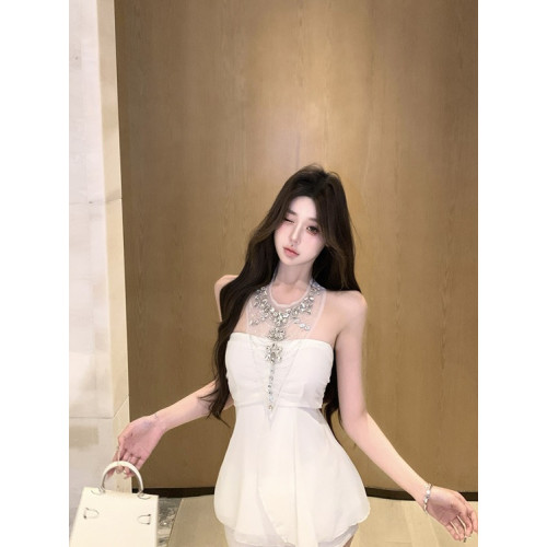 千金風名媛精緻鑲鑽拼接網紗掛脖上衣法式輕熟風收腰抹胸背心女夏