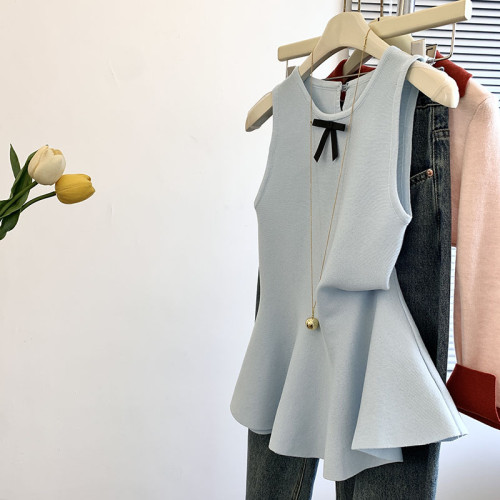 專櫃撤廻剪標蝴蝶結圓領針織背心女夏季新款溫柔超仙絕美裙擺上衣