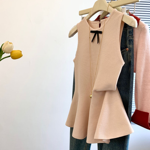 專櫃撤廻剪標蝴蝶結圓領針織背心女夏季新款溫柔超仙絕美裙擺上衣