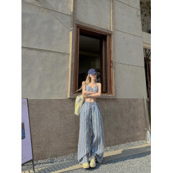 OUTFlT 歐美辣妹風性感格子掛脖背心2025新款休閒濶腿長褲兩件套