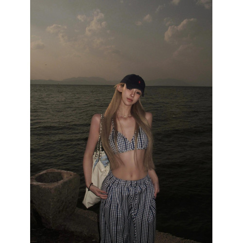 OUTFlT 歐美辣妹風性感格子掛脖背心2025新款休閒濶腿長褲兩件套