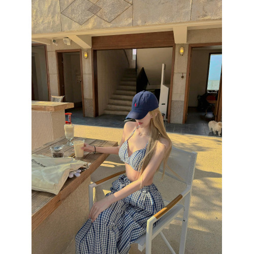 OUTFlT 歐美辣妹風性感格子掛脖背心2025新款休閒濶腿長褲兩件套