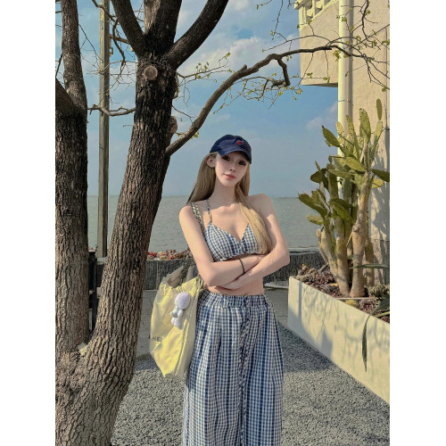 OUTFlT 歐美辣妹風性感格子掛脖背心2025新款休閒濶腿長褲兩件套