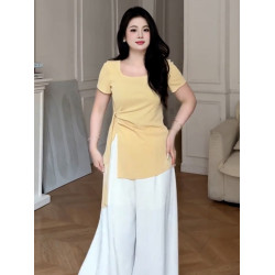 大碼法式不規則綁帶設計感短袖t恤女夏季微胖mm顯瘦遮肚方領上衣