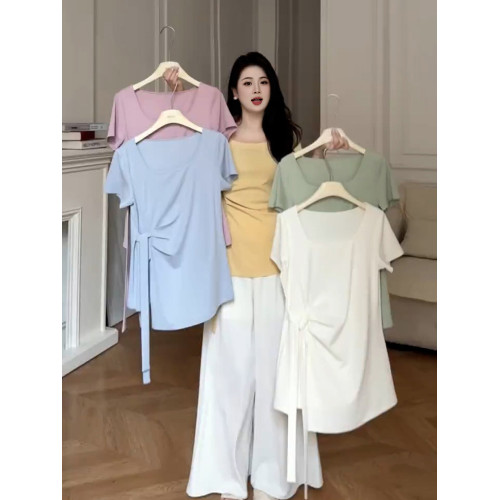 大碼法式不規則綁帶設計感短袖t恤女夏季微胖mm顯瘦遮肚方領上衣