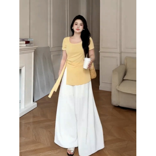 大碼法式不規則綁帶設計感短袖t恤女夏季微胖mm顯瘦遮肚方領上衣