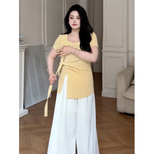 大碼法式不規則綁帶設計感短袖t恤女夏季微胖mm顯瘦遮肚方領上衣