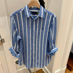 CHAO級推薦！2025新款刺綉慵懶風藍色條紋襯衫女棉麻寬鬆百搭上衣