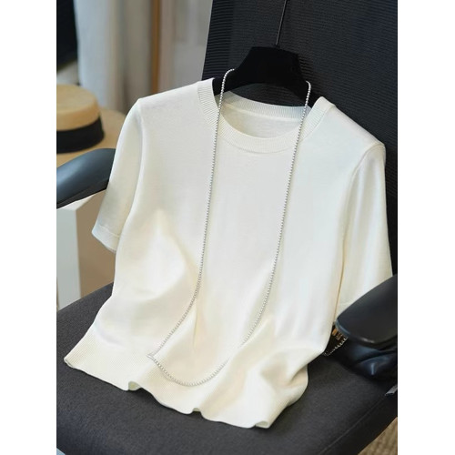 純色圓領冰絲短袖針織衫2025夏季精緻簡約寬鬆慵懶舒適正肩上衣女