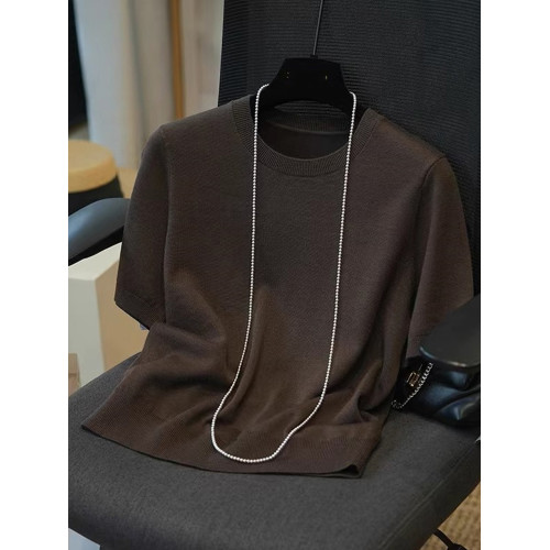 純色圓領冰絲短袖針織衫2025夏季精緻簡約寬鬆慵懶舒適正肩上衣女