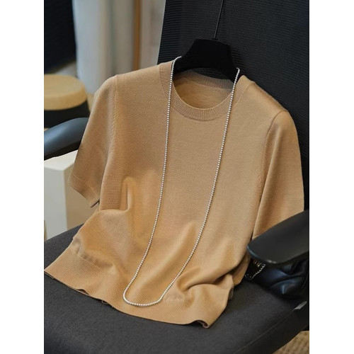 純色圓領冰絲短袖針織衫2025夏季精緻簡約寬鬆慵懶舒適正肩上衣女