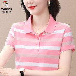 清倉撿漏啄木鳥服裝純棉休閒短袖t恤女條紋繙領t恤女polo衫夏