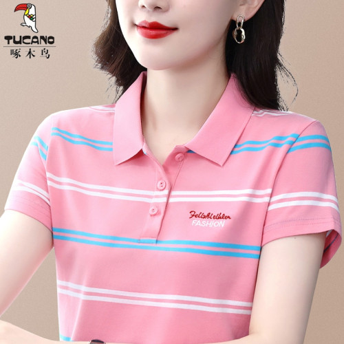 清倉撿漏啄木鳥服裝純棉休閒短袖t恤女條紋繙領t恤女polo衫夏