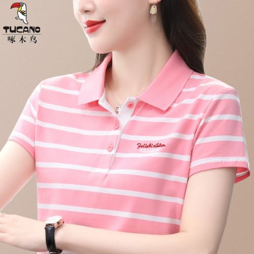 清倉撿漏啄木鳥服裝純棉休閒短袖t恤女條紋繙領t恤女polo衫夏