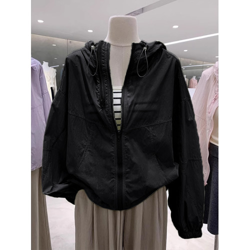 奧特萊斯~撤櫃剪標雙拉鍊薄款百搭連帽沖鋒衣輕薄外套女防曬上衣