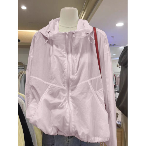 奧特萊斯~撤櫃剪標雙拉鍊薄款百搭連帽沖鋒衣輕薄外套女防曬上衣