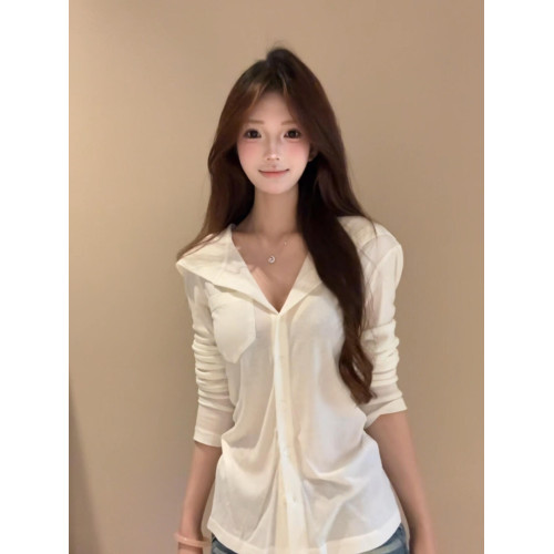 純欲氣質白色連帽長袖防曬罩衫女夏季休閒甜美風顯瘦百搭別致上衣