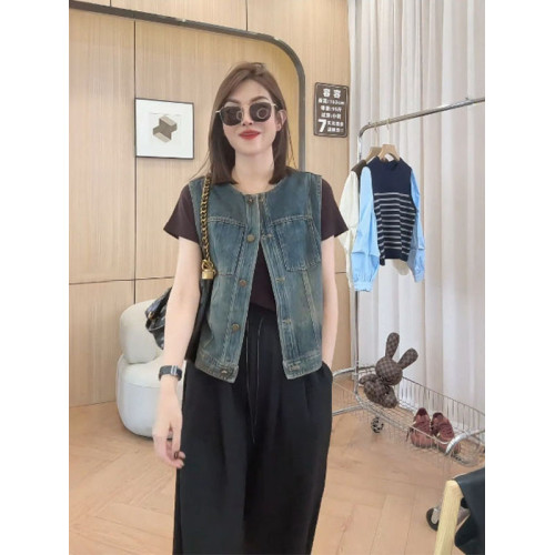 日韓出口剪標短款無袖背心牛仔外套女寬鬆百搭小個子曡穿上衣