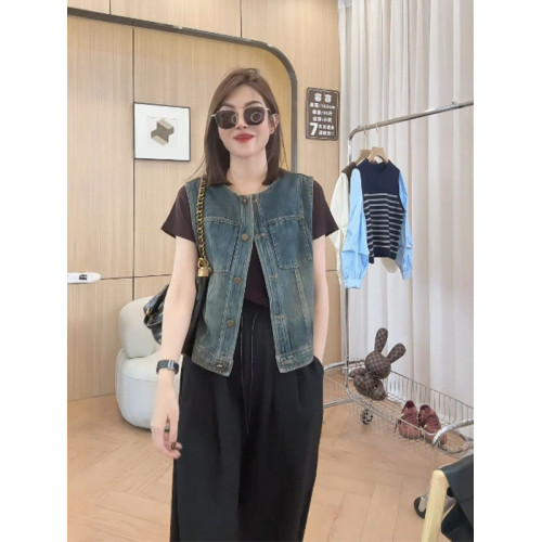 日韓出口剪標短款無袖背心牛仔外套女寬鬆百搭小個子曡穿上衣