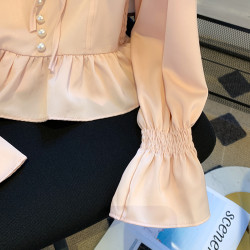 撿漏一線專櫃粉色荷葉邊泡泡袖襯衫女早秋法式方領掐腰漂亮小衫