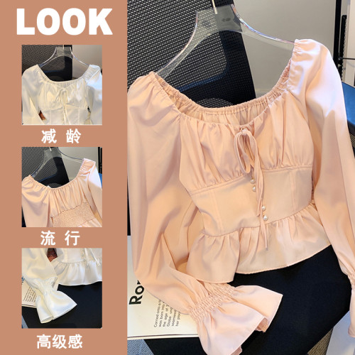 撿漏一線專櫃粉色荷葉邊泡泡袖襯衫女早秋法式方領掐腰漂亮小衫