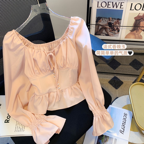 撿漏一線專櫃粉色荷葉邊泡泡袖襯衫女早秋法式方領掐腰漂亮小衫