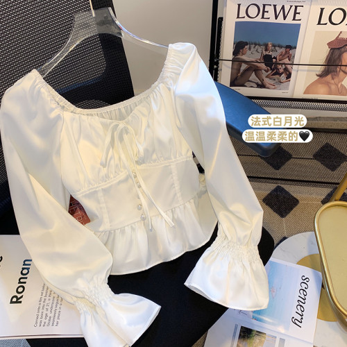 撿漏一線專櫃粉色荷葉邊泡泡袖襯衫女早秋法式方領掐腰漂亮小衫