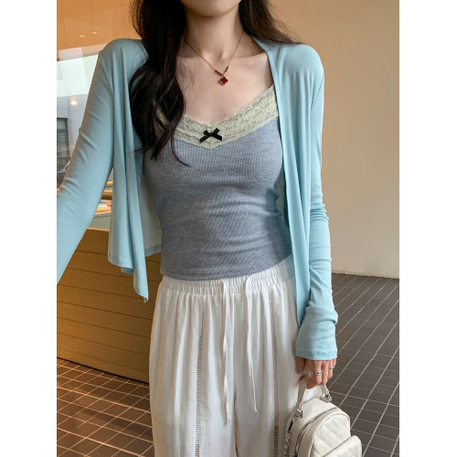 萊賽爾天絲藍色輕薄防曬長袖開衫女2025新款配吊帶裙子外穿小上衣