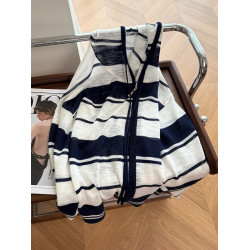 momo大姐姐條紋設計感連帽亞麻防曬衣女2025早秋新款百搭開衫上衣