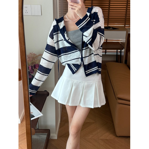 momo大姐姐條紋設計感連帽亞麻防曬衣女2025早秋新款百搭開衫上衣