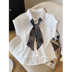 藍色polo領配絲巾無袖襯衫女夏2025新款寬鬆休閒襯衣氣質顯瘦上衣