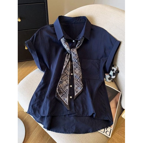 藍色polo領配絲巾無袖襯衫女夏2025新款寬鬆休閒襯衣氣質顯瘦上衣