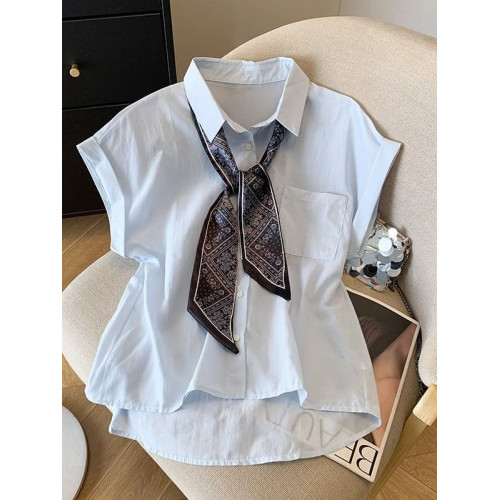 藍色polo領配絲巾無袖襯衫女夏2025新款寬鬆休閒襯衣氣質顯瘦上衣