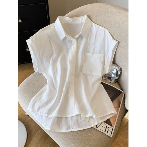 藍色polo領配絲巾無袖襯衫女夏2025新款寬鬆休閒襯衣氣質顯瘦上衣