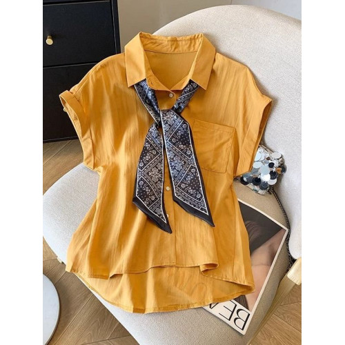 藍色polo領配絲巾無袖襯衫女夏2025新款寬鬆休閒襯衣氣質顯瘦上衣