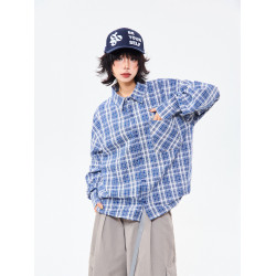 MIKYO 美式復古藍色格子防曬襯衫女夏季寬鬆休閒百搭情侶長袖襯衣