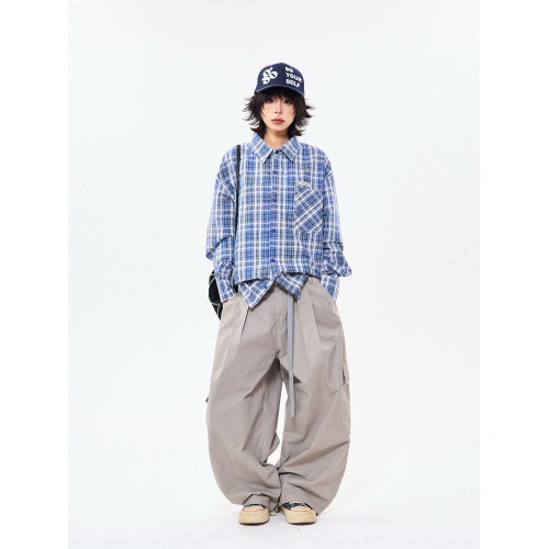 MIKYO 美式復古藍色格子防曬襯衫女夏季寬鬆休閒百搭情侶長袖襯衣