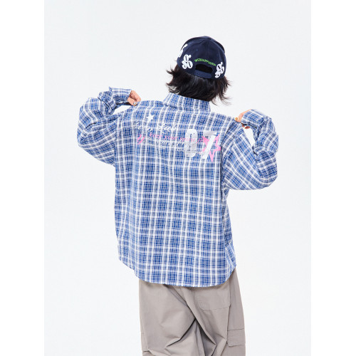 MIKYO 美式復古藍色格子防曬襯衫女夏季寬鬆休閒百搭情侶長袖襯衣