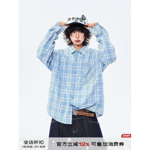 MIKYO 美式復古藍色格子防曬襯衫女夏季寬鬆休閒百搭情侶長袖襯衣