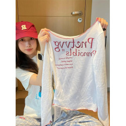 美式高街白色顯瘦字母印花斜肩長袖防曬衣罩衫女夏季高級感上衣潮