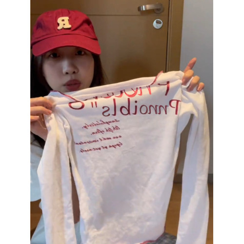 美式高街白色顯瘦字母印花斜肩長袖防曬衣罩衫女夏季高級感上衣潮