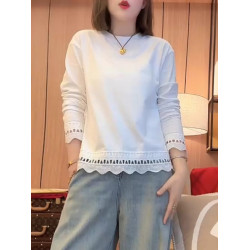 商場折釦店撤櫃長袖白色T恤氣質韓系蕾絲邊提花圓領寬鬆休閒上衣