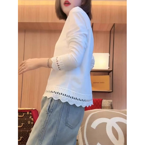 商場折釦店撤櫃長袖白色T恤氣質韓系蕾絲邊提花圓領寬鬆休閒上衣