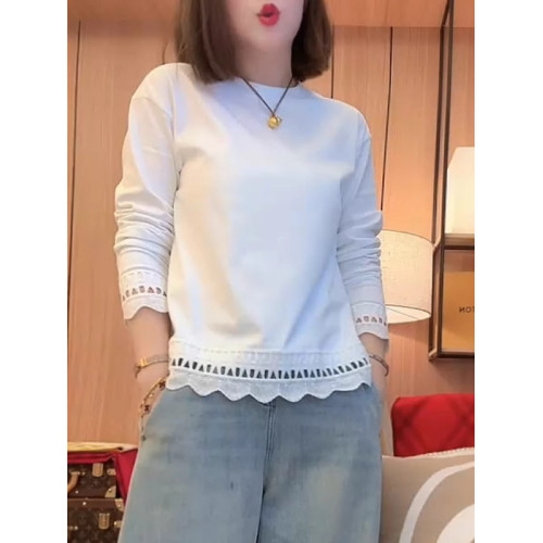 商場折釦店撤櫃長袖白色T恤氣質韓系蕾絲邊提花圓領寬鬆休閒上衣