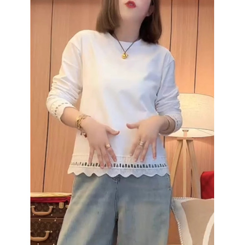 商場折釦店撤櫃長袖白色T恤氣質韓系蕾絲邊提花圓領寬鬆休閒上衣