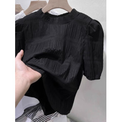 黑色洋氣法式泡泡袖雪紡衫女2025年夏季新款收腰漂亮小衫短袖上衣