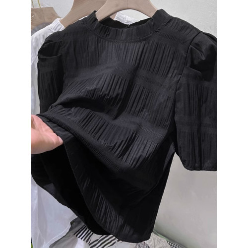 黑色洋氣法式泡泡袖雪紡衫女2025年夏季新款收腰漂亮小衫短袖上衣