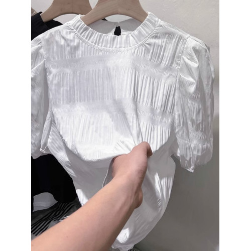 黑色洋氣法式泡泡袖雪紡衫女2025年夏季新款收腰漂亮小衫短袖上衣